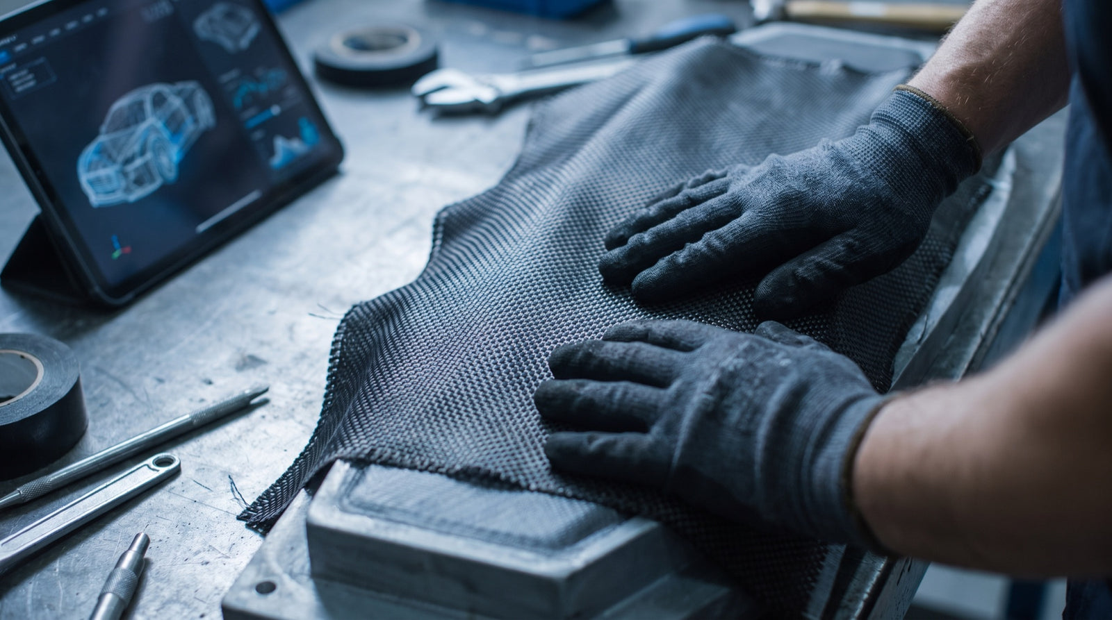 Illustrative image of carbon fibre being laid over a mould in a workshop